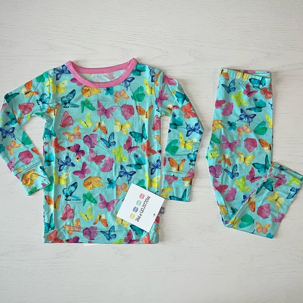 Macaron + Me Rainbow Butterflies Long Sleeve Bamboo Pajama Set 2T 3T 4T 5T